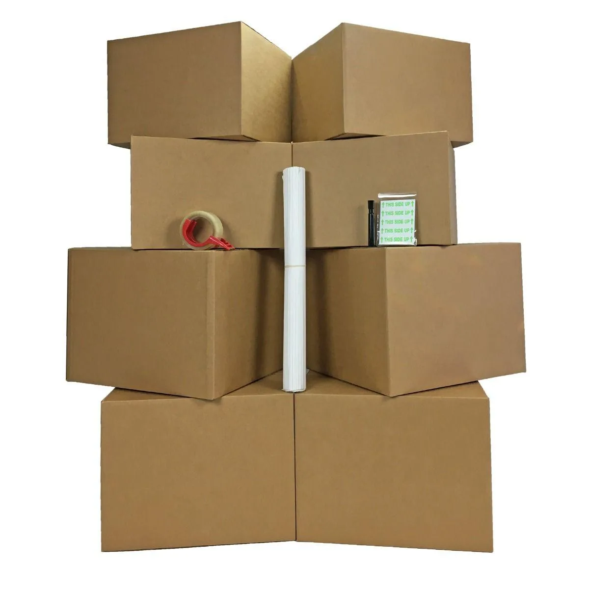 Flat-packed moving kit with eight cardboard boxes, tape roll, paper, marker and sixty labels
