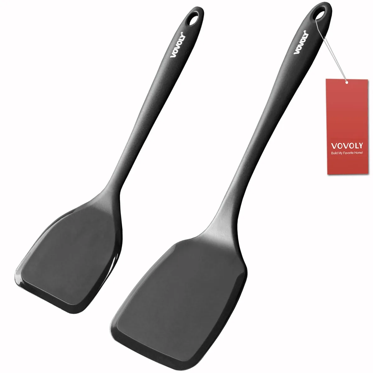Two black seamless silicone spatulas, large and medium, one-piece design with hanging loops