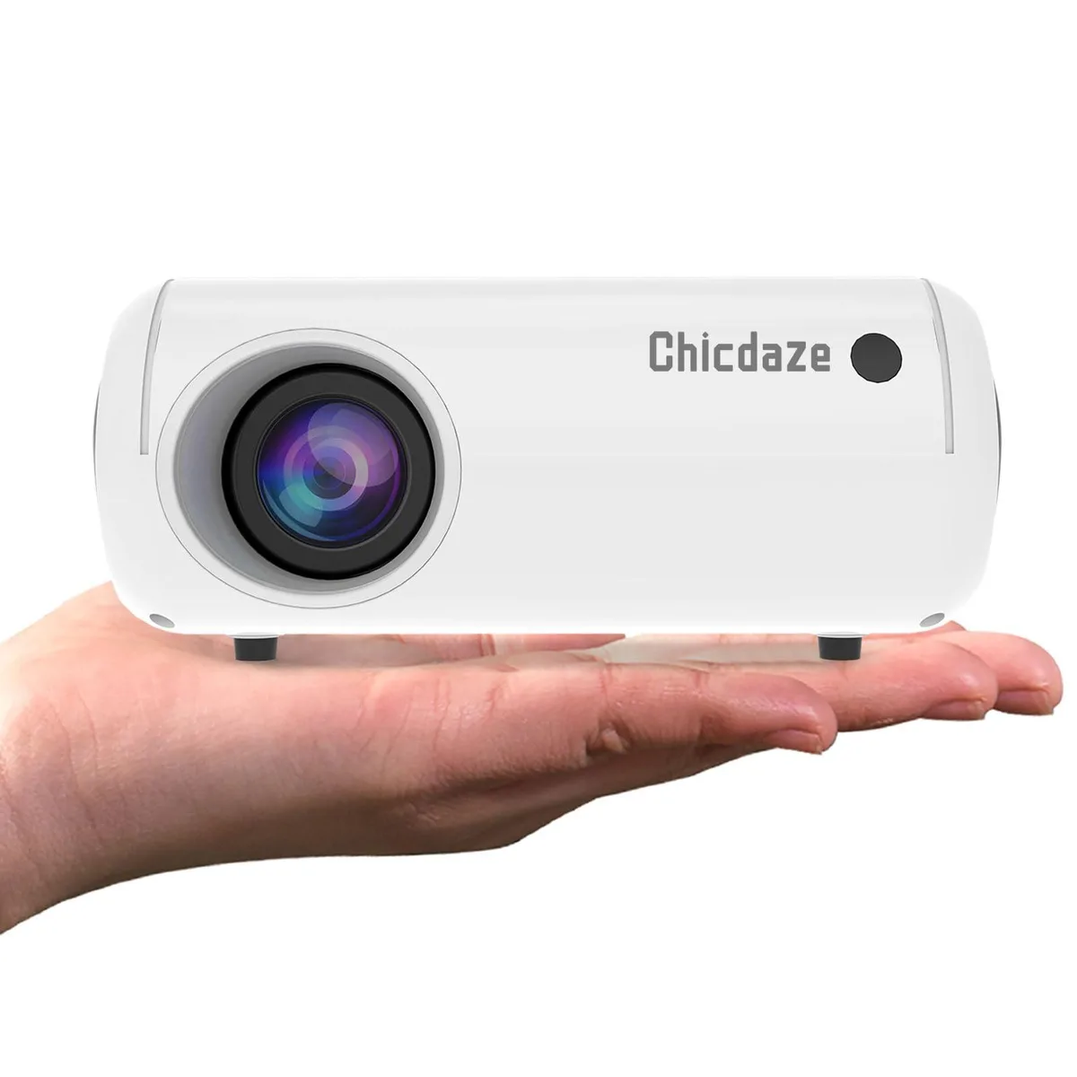 Compact white LED projector, rectangular with rounded edges, portable 2.2 lbs design