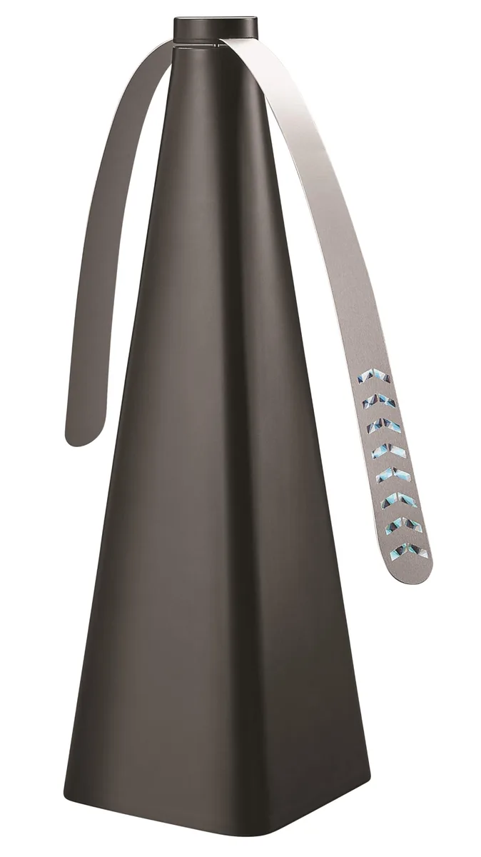 White cylindrical fan with holographic blades on table