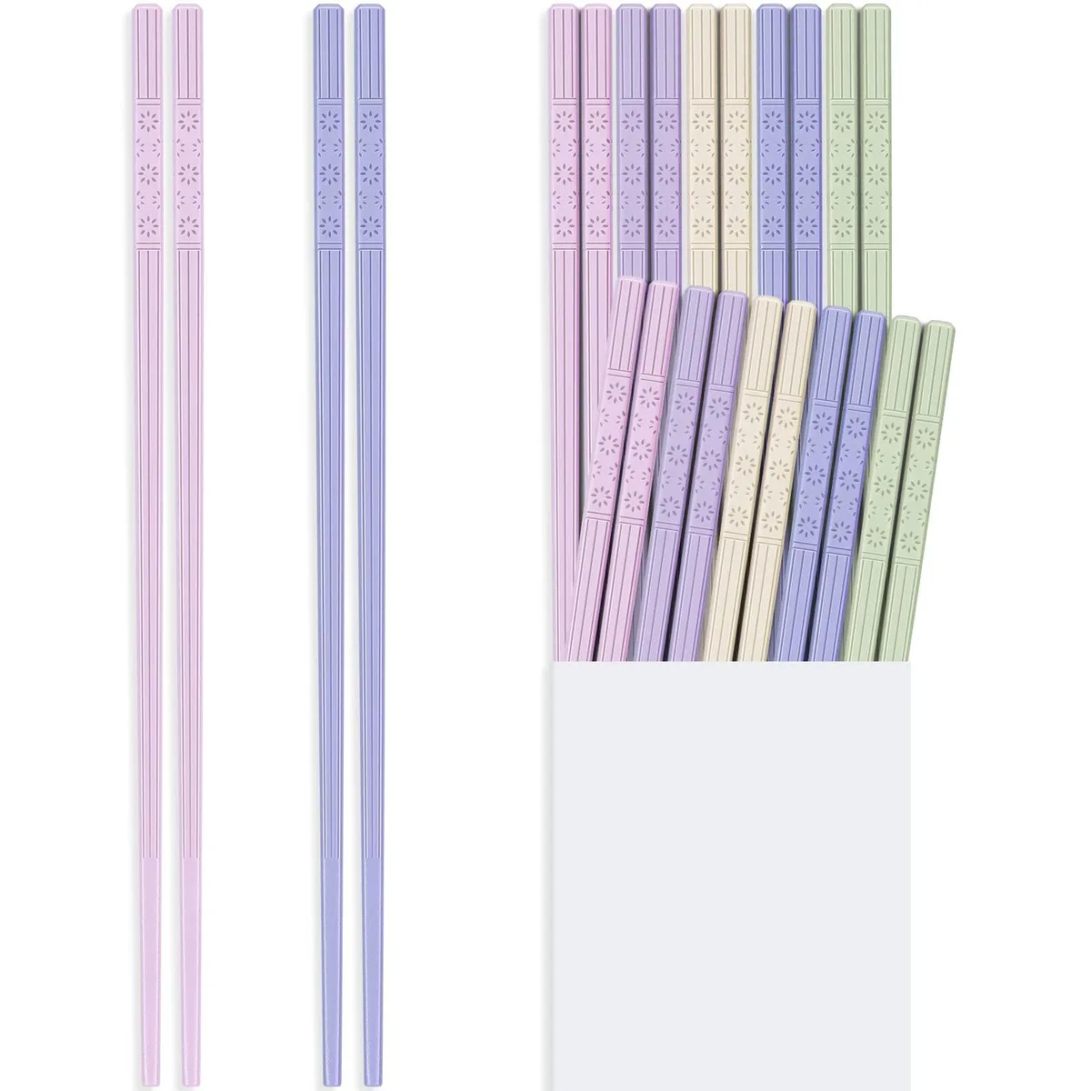 Ten pairs of square fiberglass chopsticks in five soft colours, 9.5 inches long