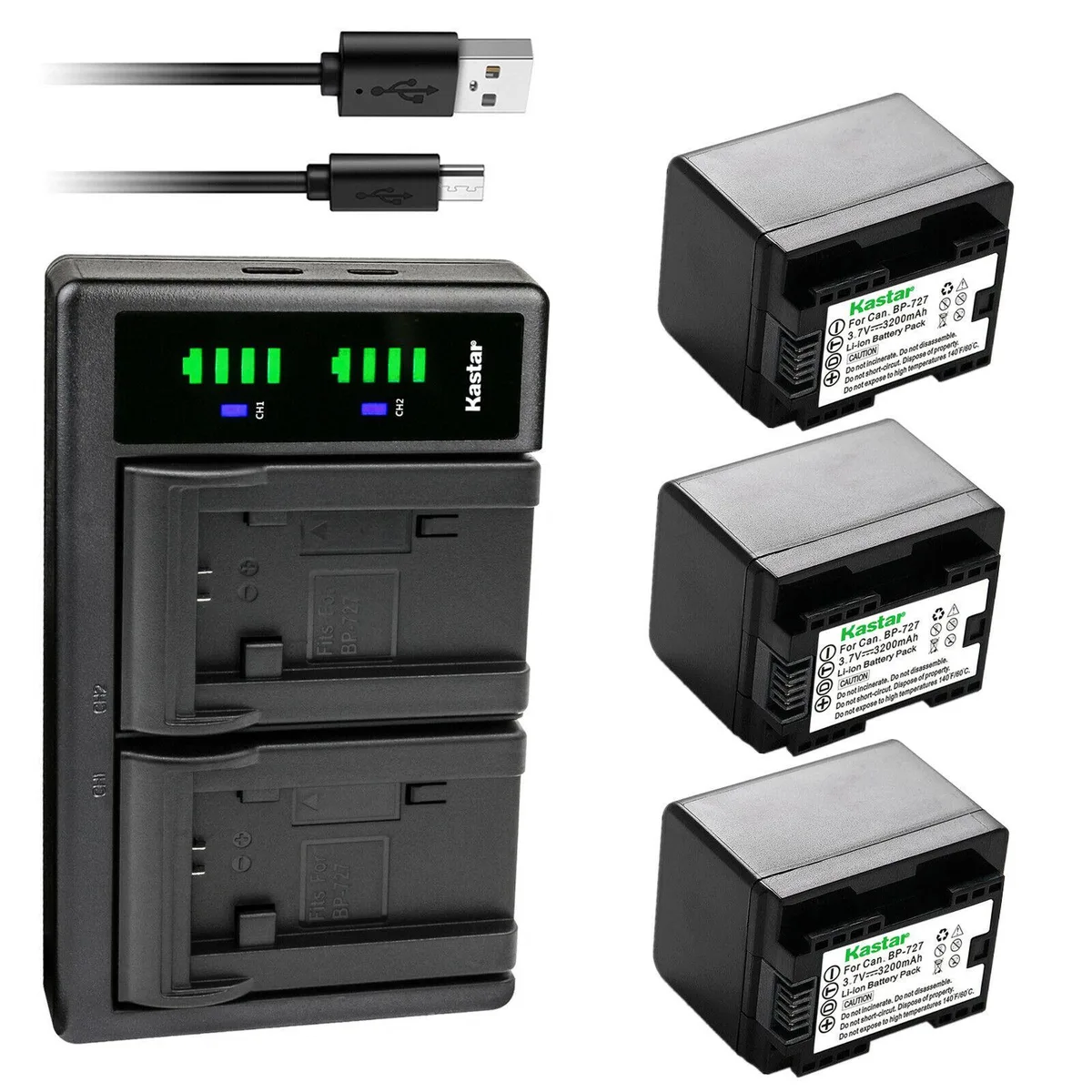 Kastar Kastar BP-727 3-pack battery &amp; LTD2 USB charger — product photo
