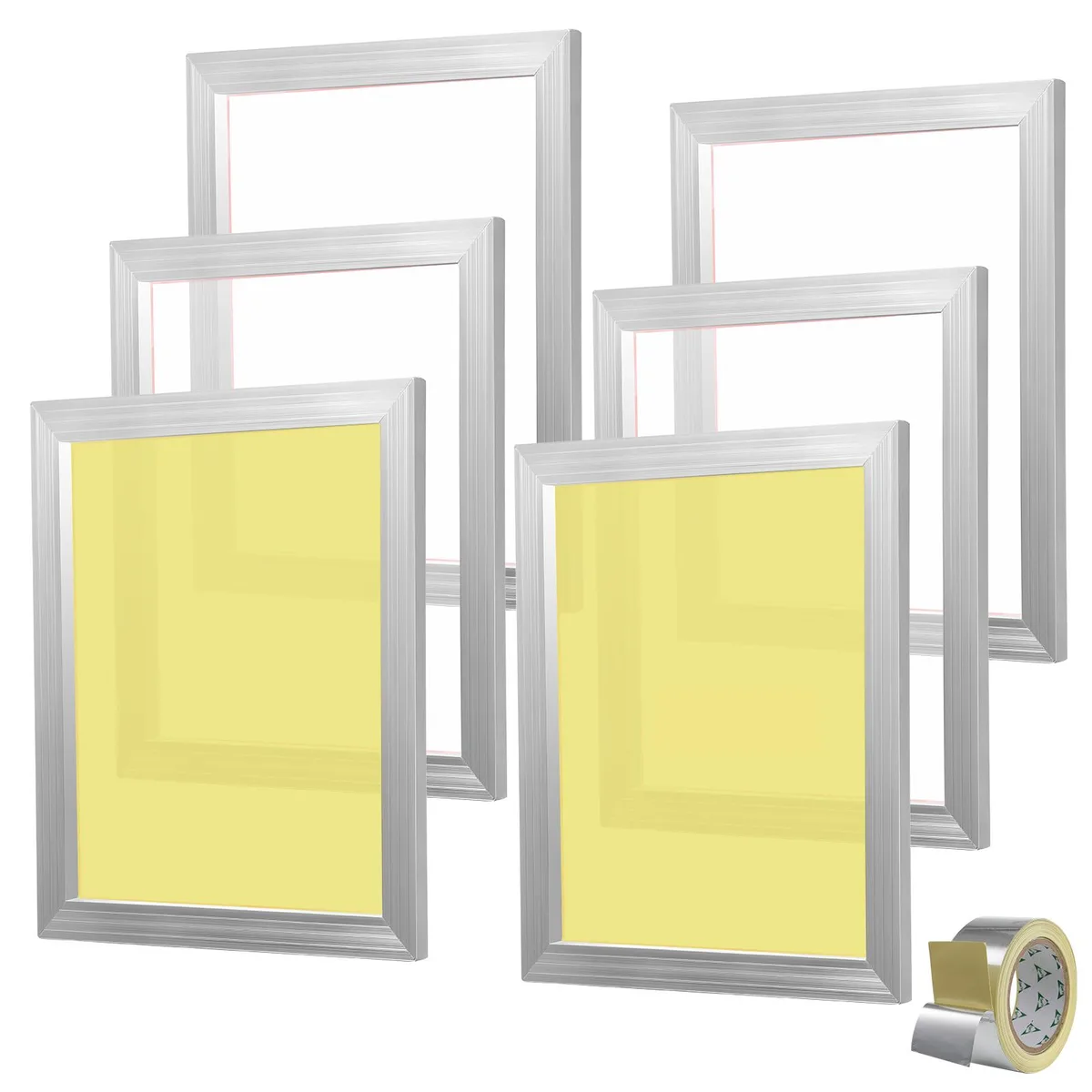 Six silver aluminum frames with white mesh screens and sealing tape