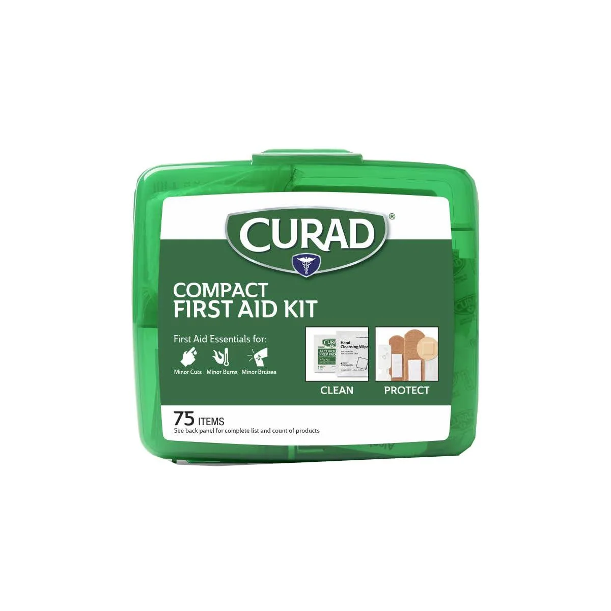 Green zippered soft case, compact first aid kit, 75 items inside
