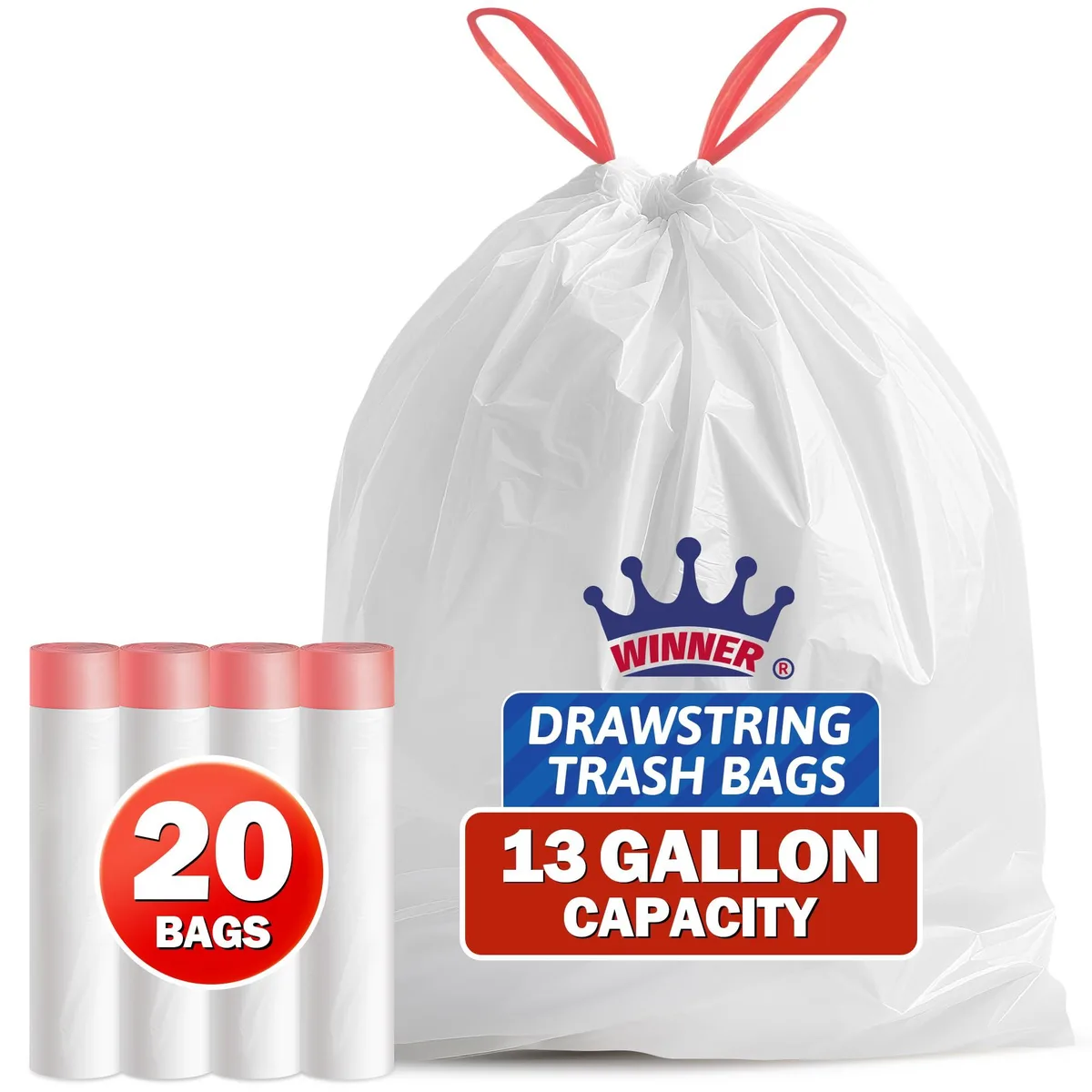 White drawstring kitchen trash bags, 13 gallon pack of 20