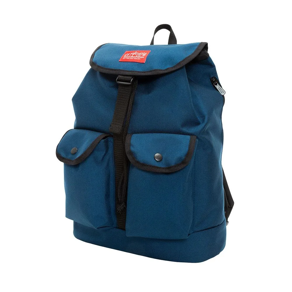 Navy backpack with buckle drawstring closure and side zipper access