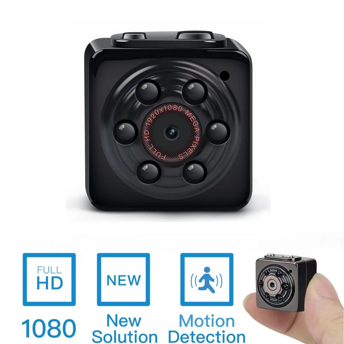 Tiny black cube camera with six IR LEDs and microSD slot