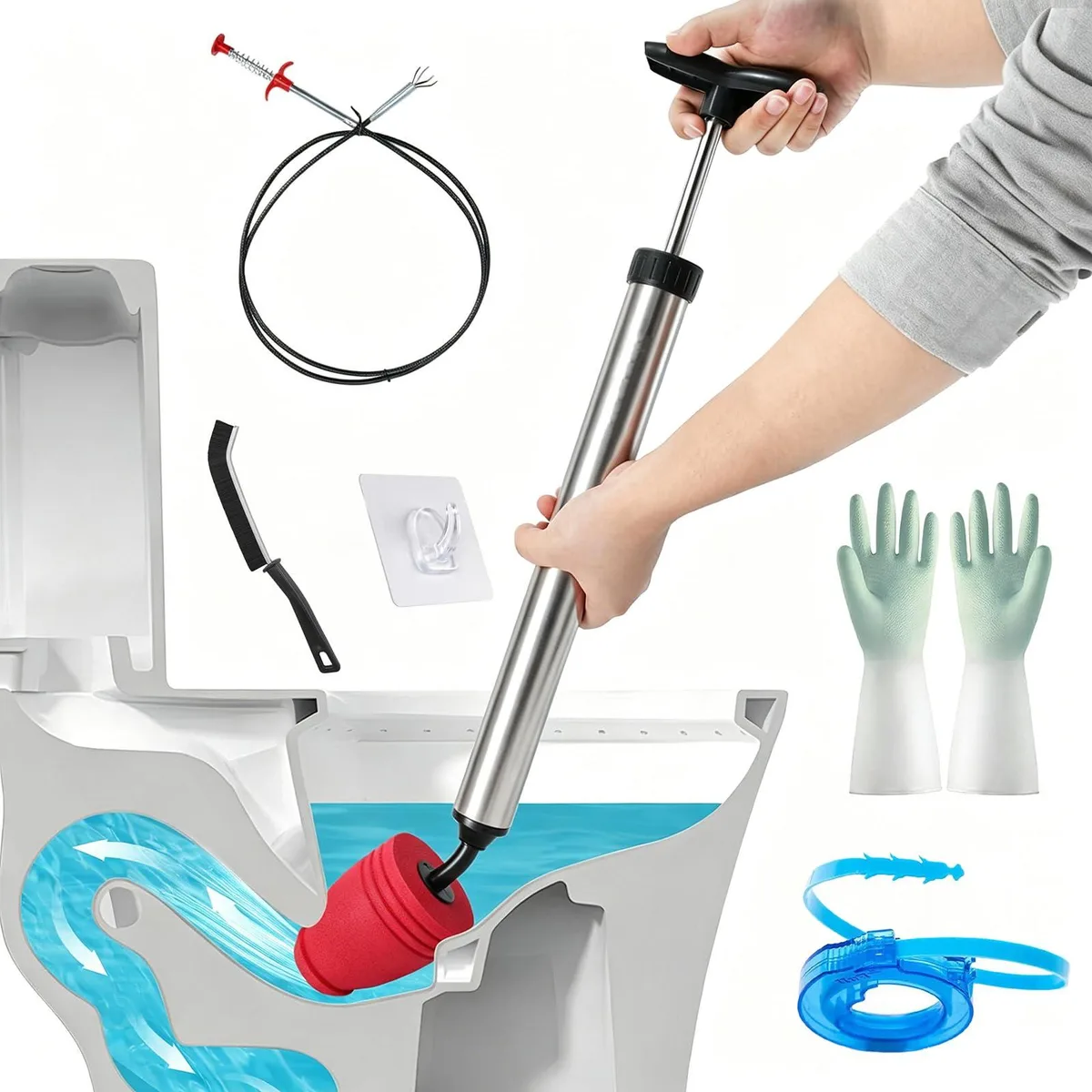 High Pressure Toilet Auger Air Drain Unclogger Clog Remover Kit — product photo