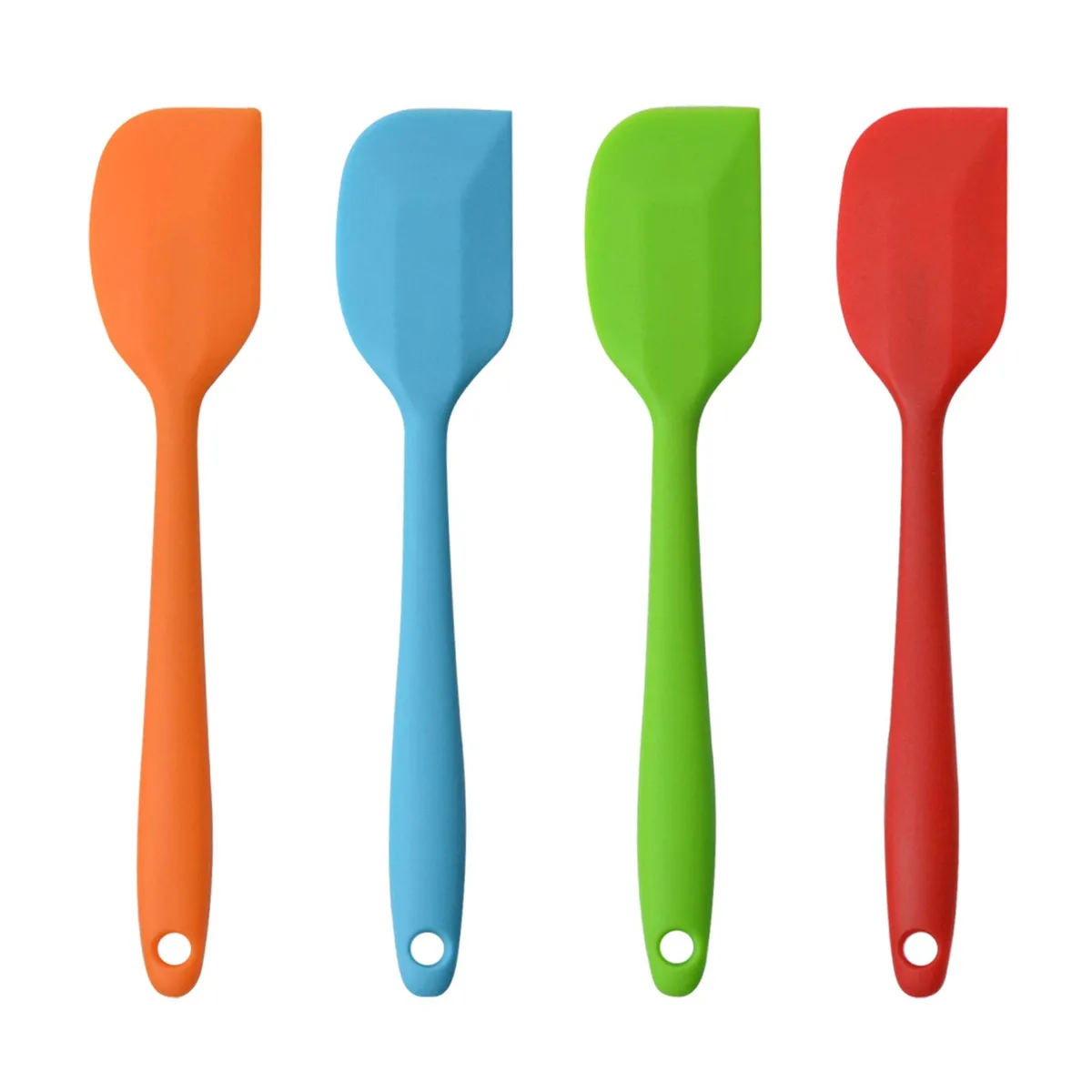 Four 11-inch silicone spatulas with hanging loops, seamless one-piece design and stainless-steel cores