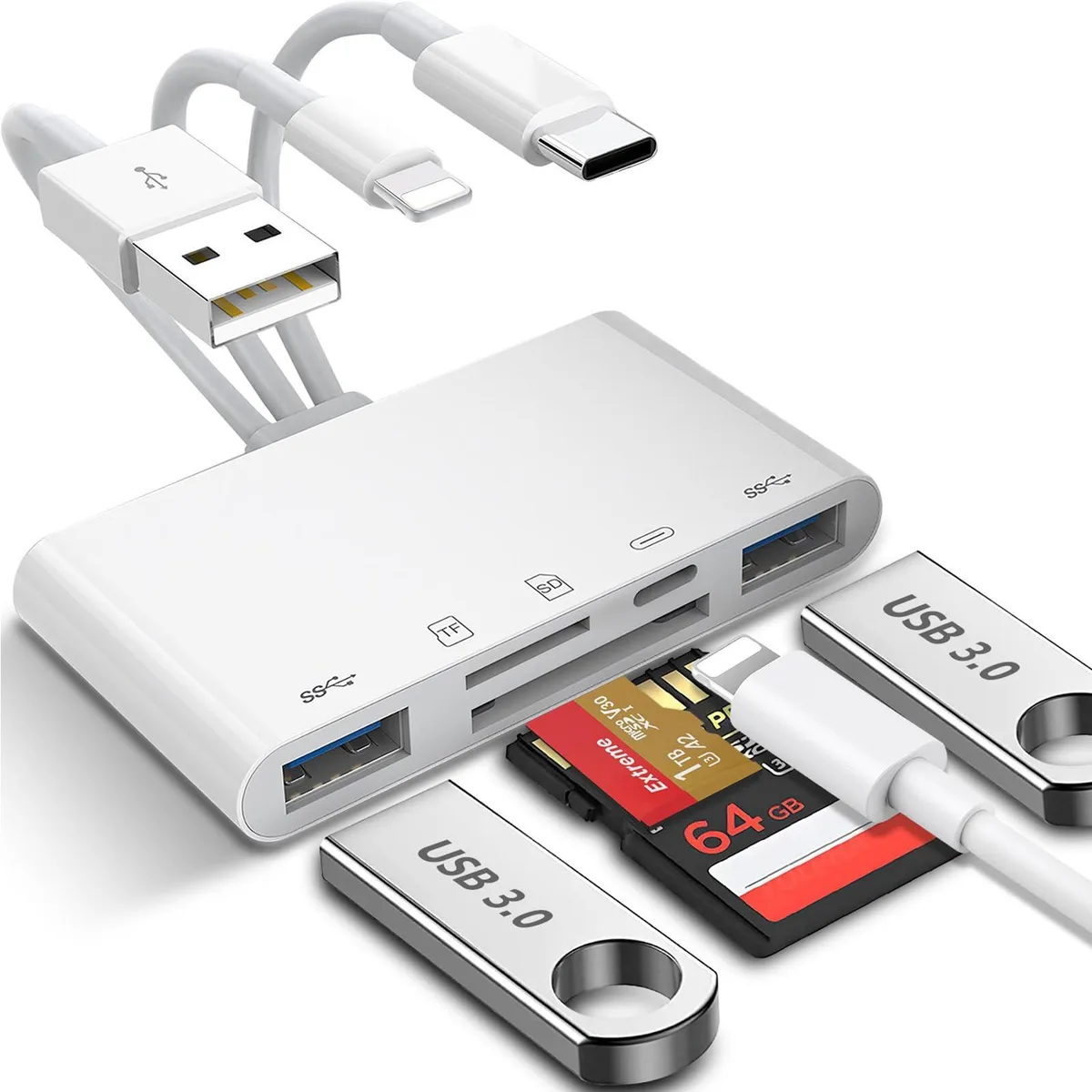  Herfair 5-in-1 Card Reader USB-A USB-C Lightning SD TF — product photo