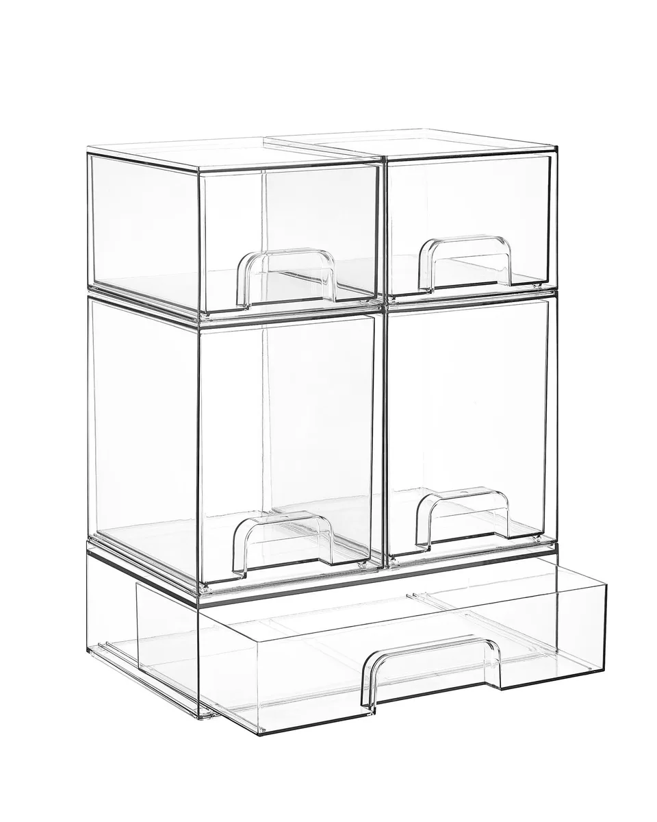 Five clear plastic stackable drawers with pull handles