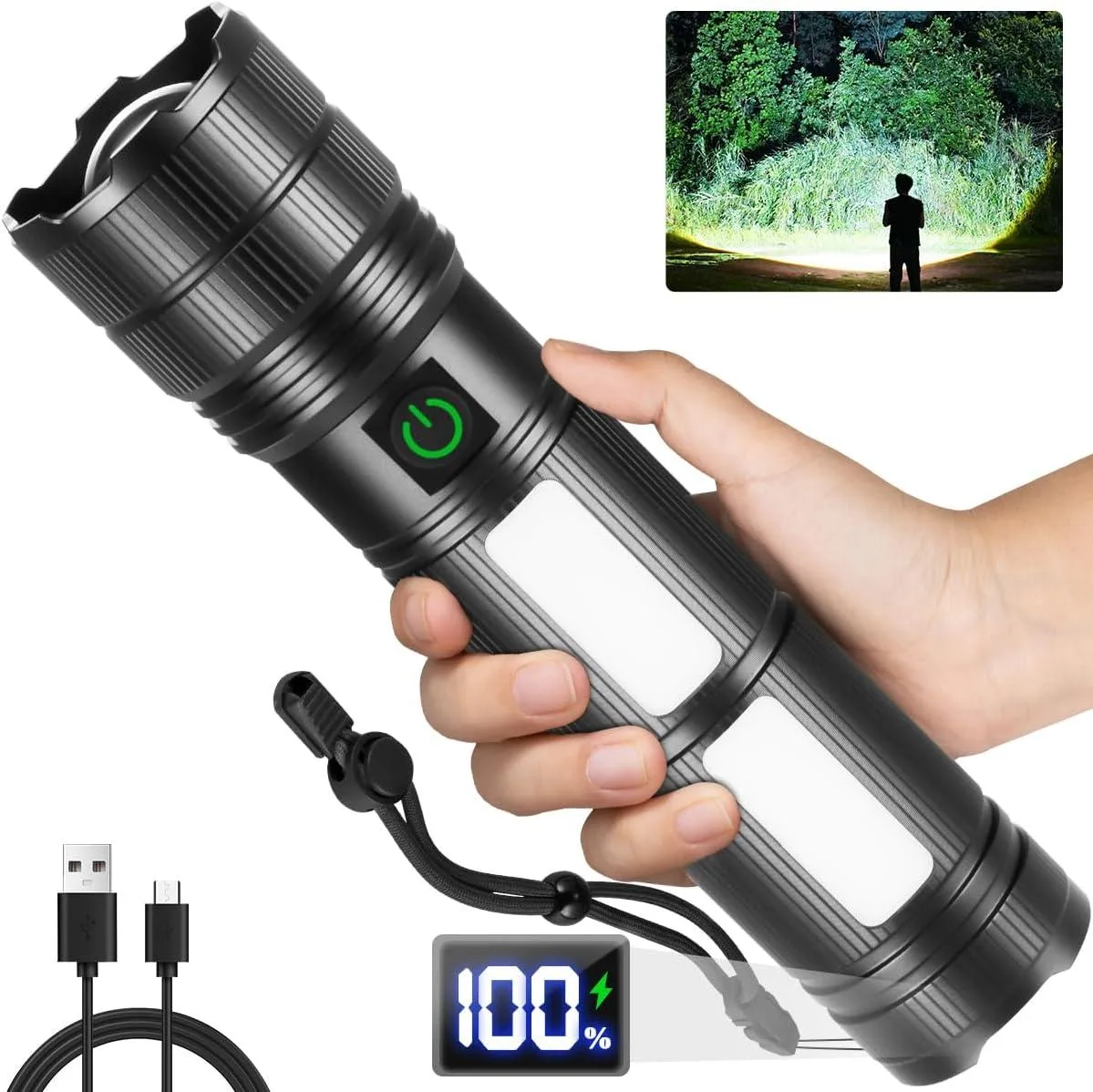 Large cylindrical flashlight, matte dark finish, Type-C port visible