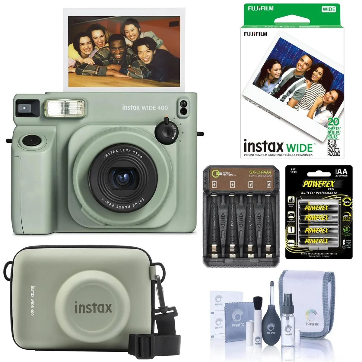 Green Instax Wide 400 instant camera with strap, close-up lens, angle stand, case, film pack, batteries and charger