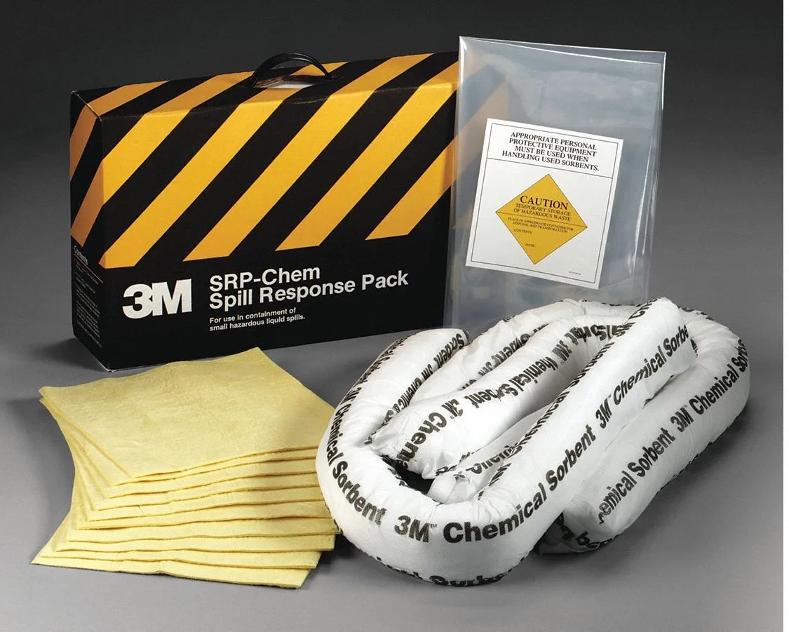 Yellow and black boxed spill kit with absorbent pads and mini-booms