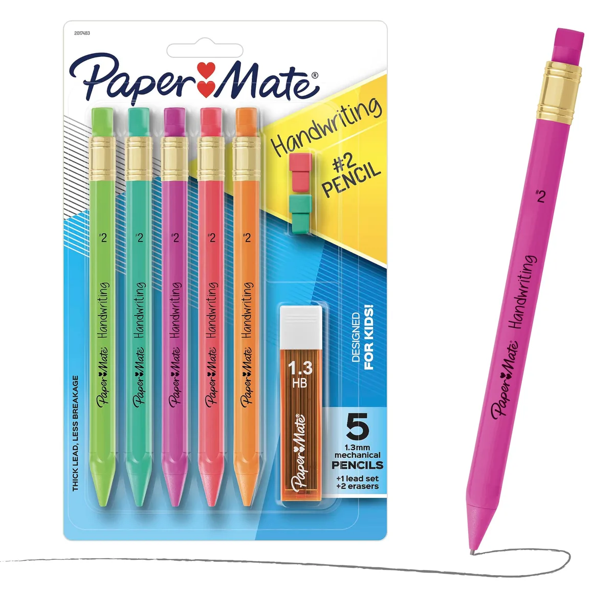 Five triangular mechanical pencils in assorted colours with lead and eraser refills