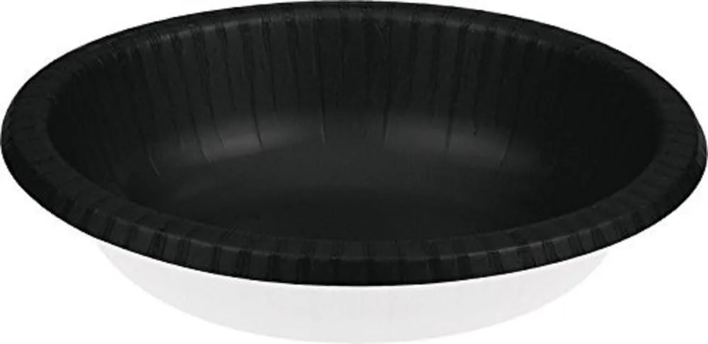 Stack of twenty black round paper bowls, 20 oz capacity, matte finish