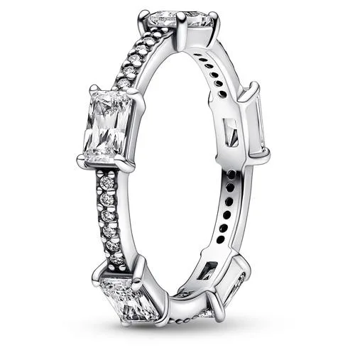 Sterling silver ring with rectangular cubic zirconia pave and five larger stones
