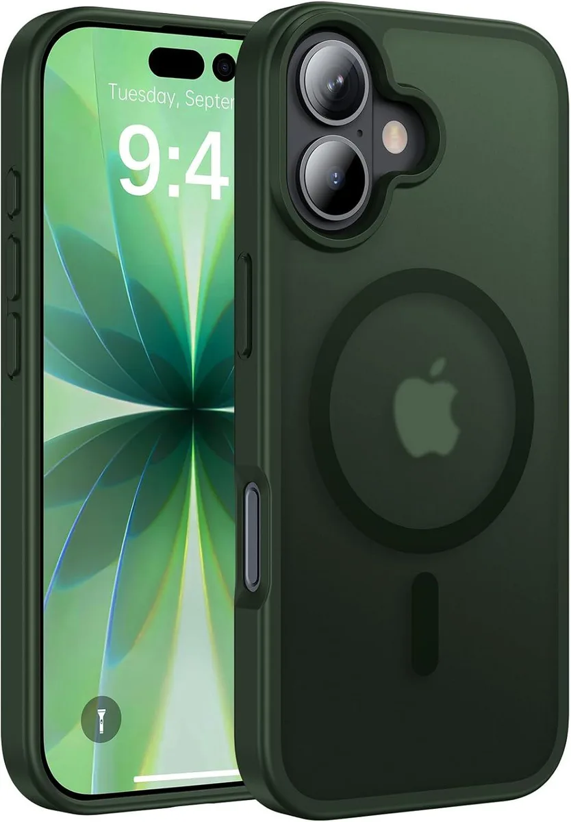 Green frosted matte iPhone 17 case with magnetic ring visible on back
