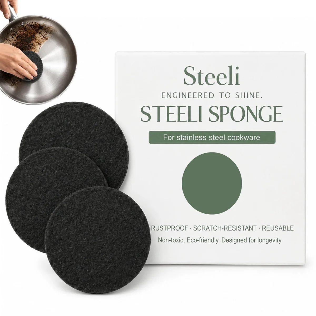 Three stainless steel cleaning sponges in a pack