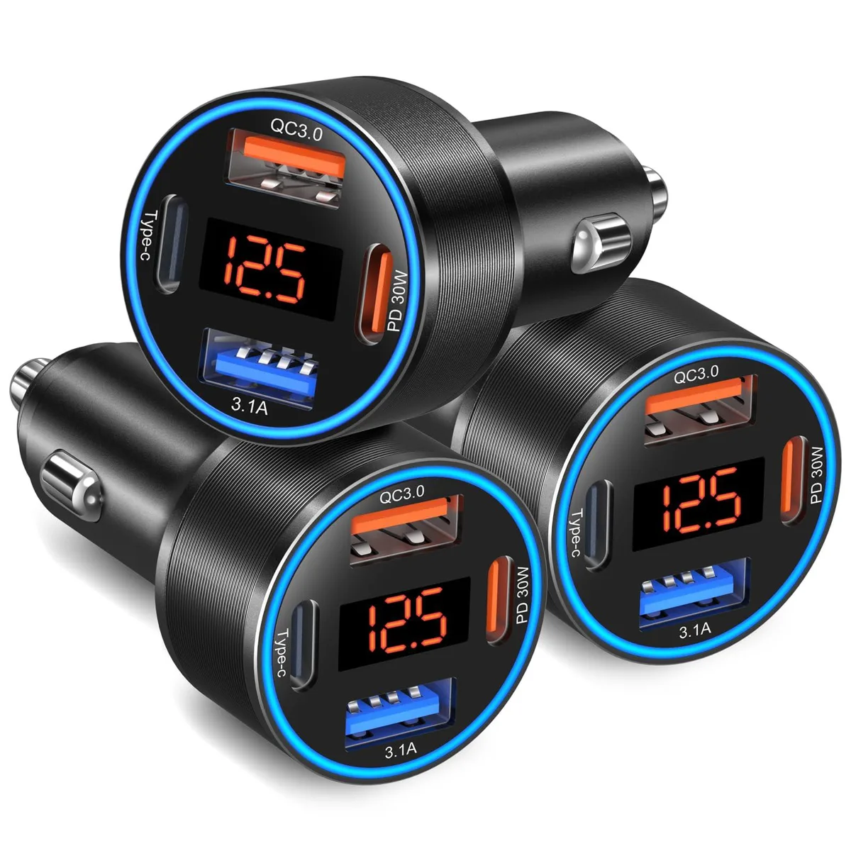 Three black four-port car chargers with blue ring lights and voltage displays