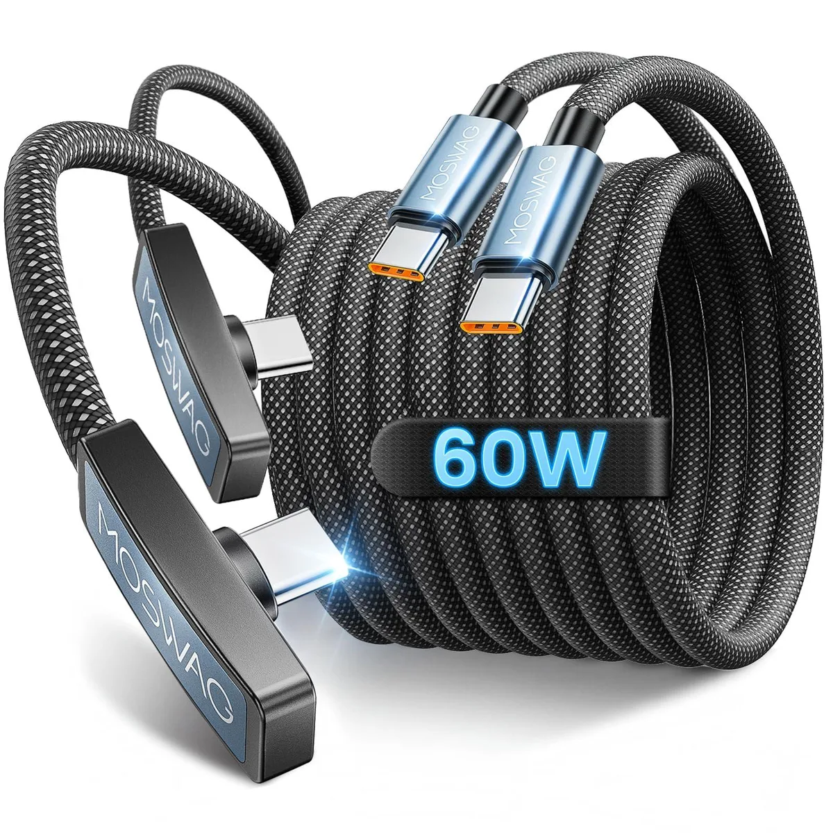 Two black braided USB-C cables with 90-degree L-shaped connectors, 6.6 feet each