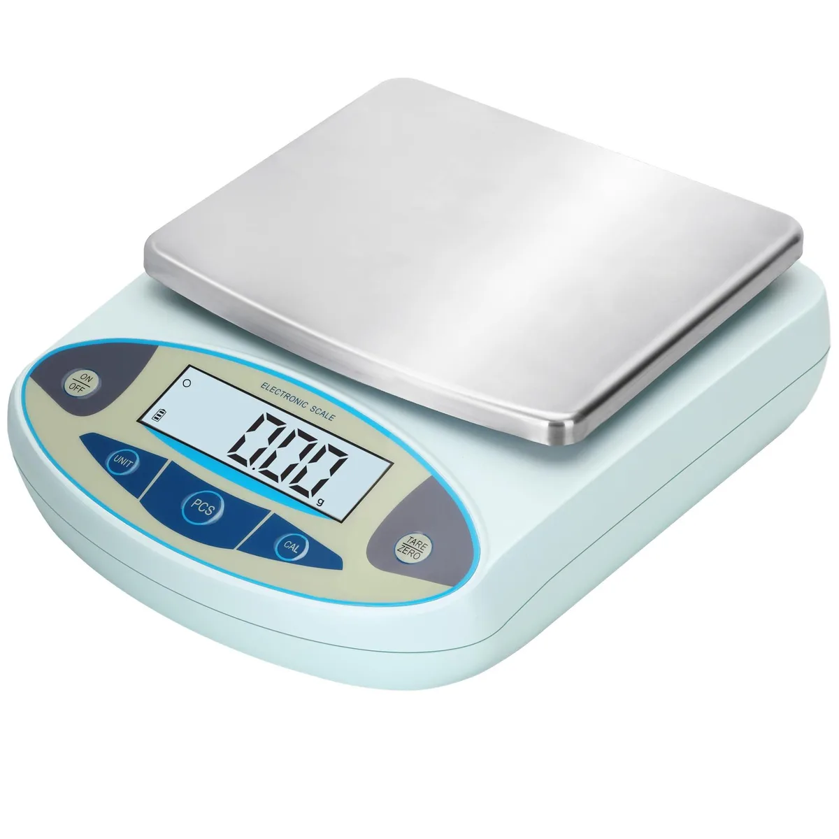 Twelve white digital lab scales in a pack