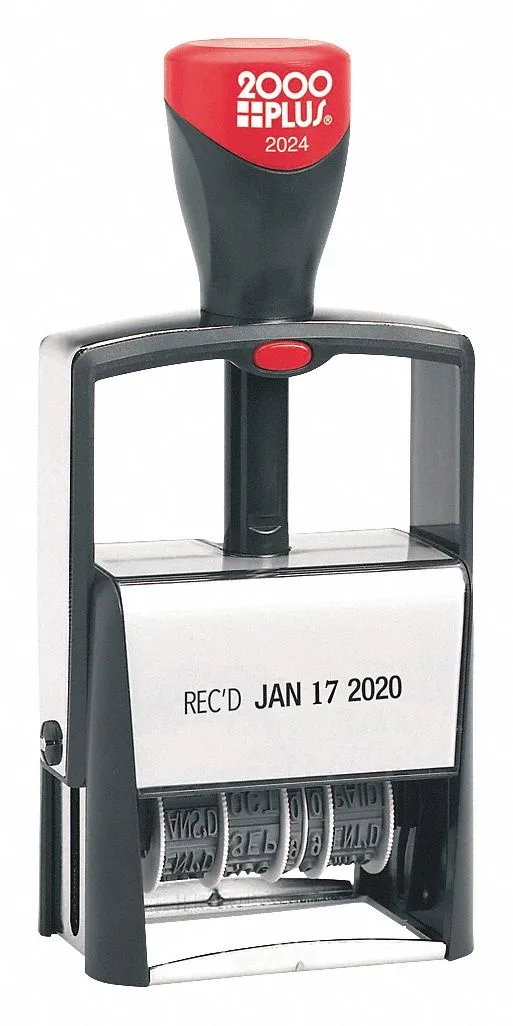 Metal message dater stamp with twelve preset messages and five adjustable bands