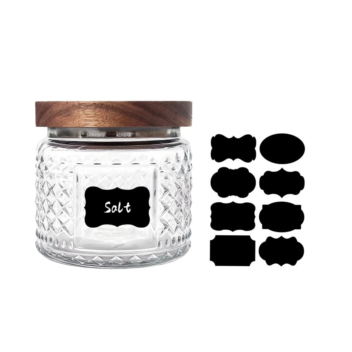 Clear glass jar with diamond pattern and wooden lid, 3.8 inches cube