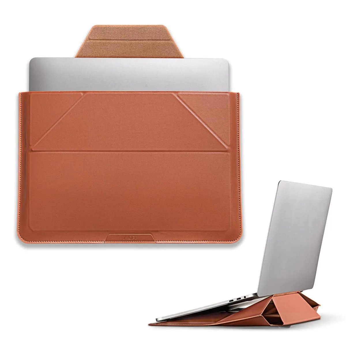 Sienna brown laptop sleeve with fold-out stand, slim profile and expandable pocket