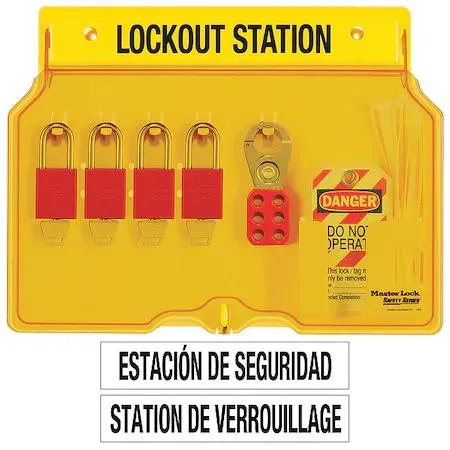 Yellow polycarbonate lockout station with clear door showing four red padlocks, two hasps, eighteen lockouts and twelve tags