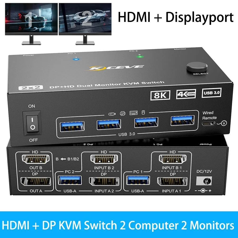 WRIARICH WRIARICH HDMI+DP KVM Switch 2 Monitors 2 Computers 8K@60Hz 4K@144Hz 4 USB 3.0 Wired Remote — product photo