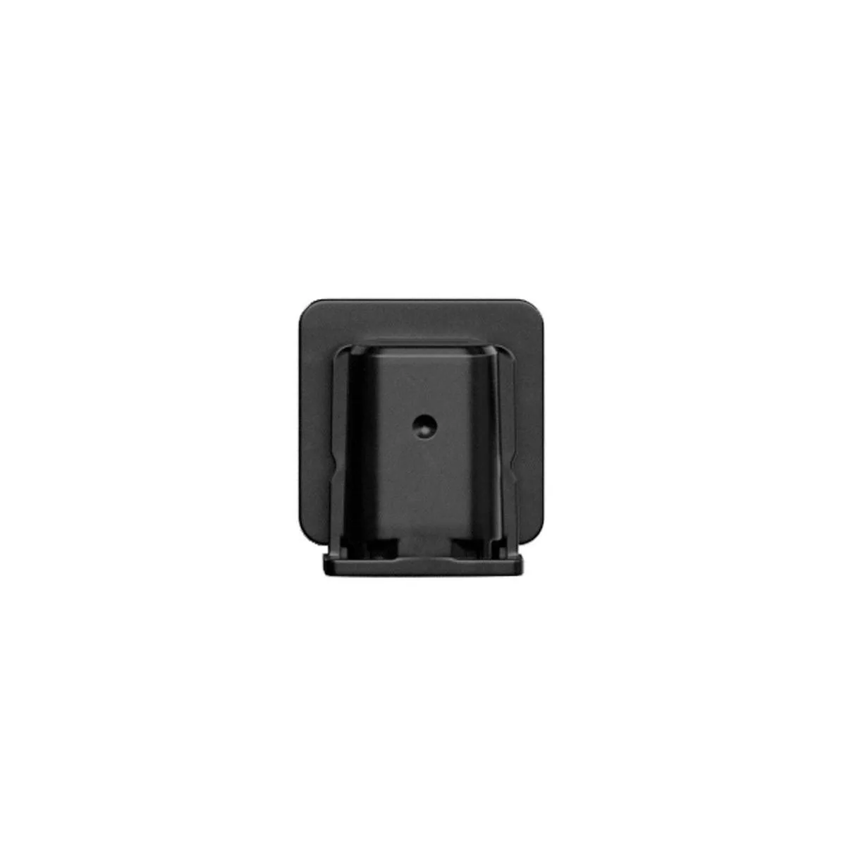 Small black metal cold shoe adapter with a locking lever and 1/4-inch thread socket