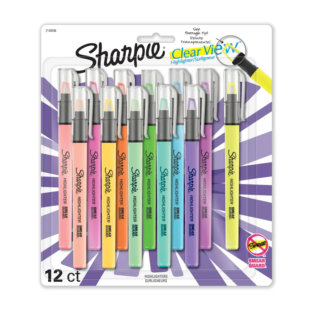 A pack of twelve cylindrical highlighters with clear chisel tips in assorted colors