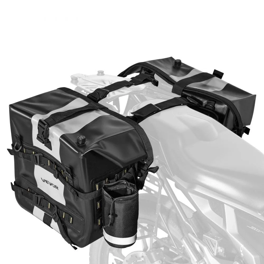 Pair of black rectangular motorcycle saddlebags with top handles and quick-release buckles