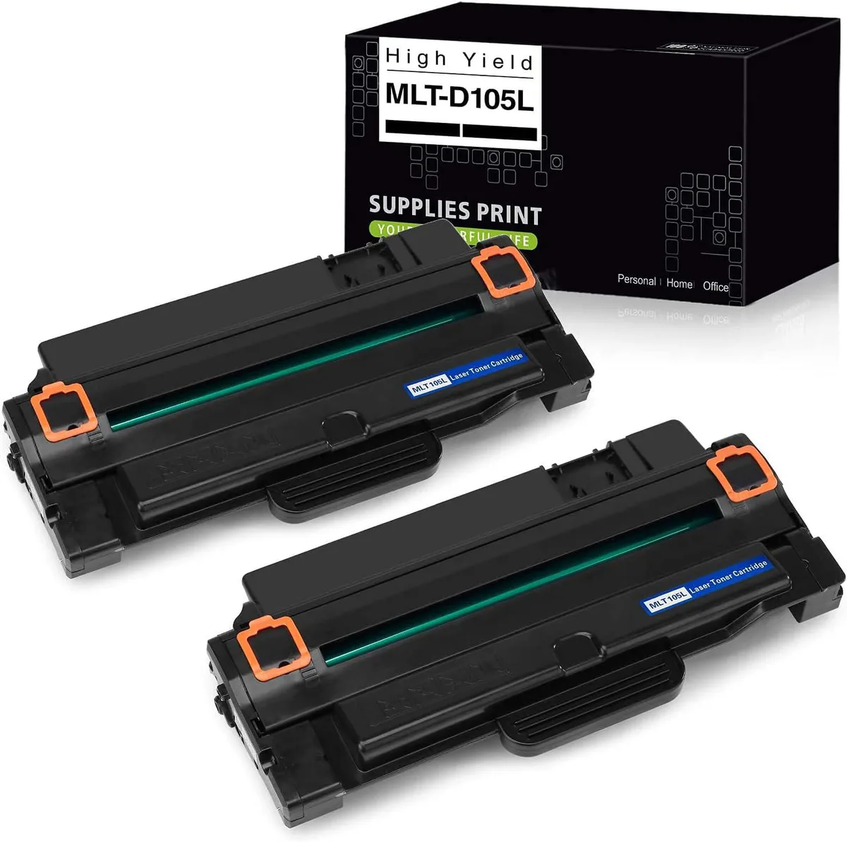 Two rectangular black toner cartridges in sealed packaging