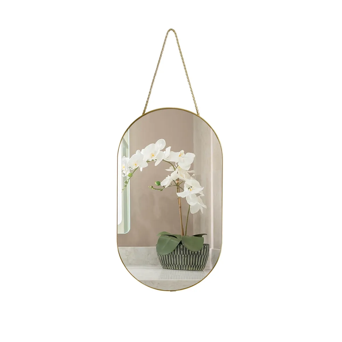 Oval gold-finished plastic frame mirror, 16 by 9.2 inches