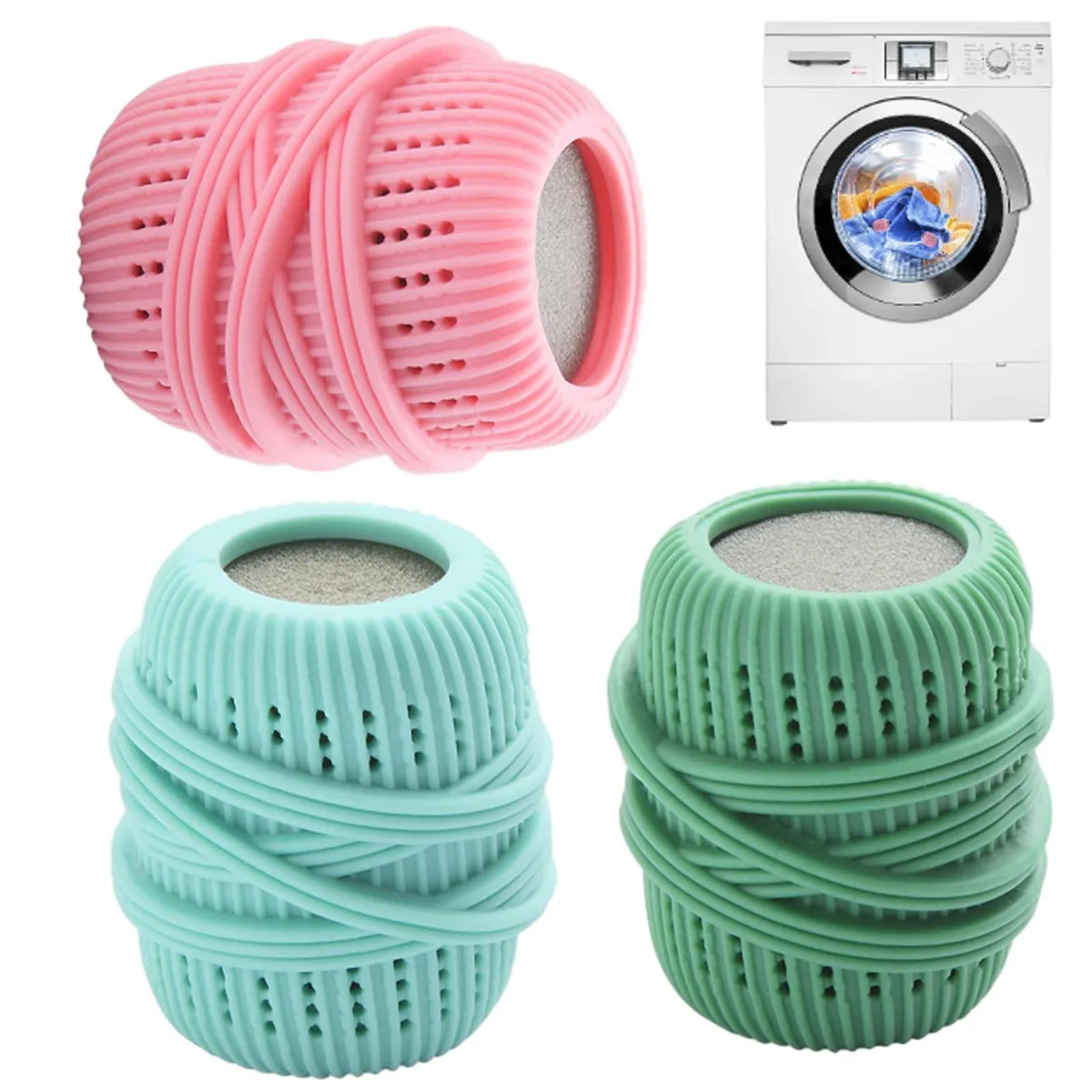 Three pastel laundry balls, soft sponge texture, hollow detergent dispenser core