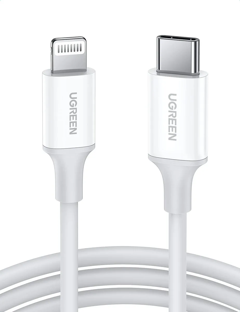 White 2 metre USB-C to Lightning cable with rounded connectors