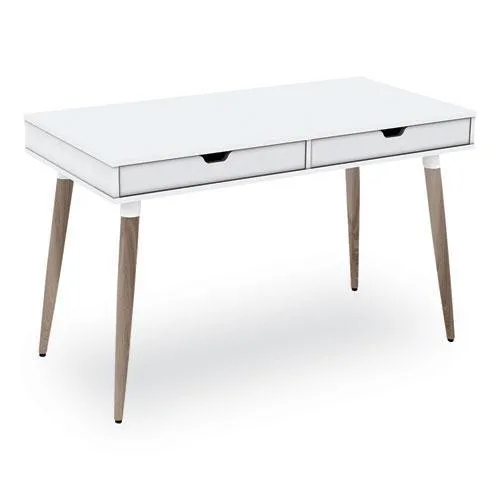 White laminate desk with beige angled wood legs, two drawers, 47.24 wide