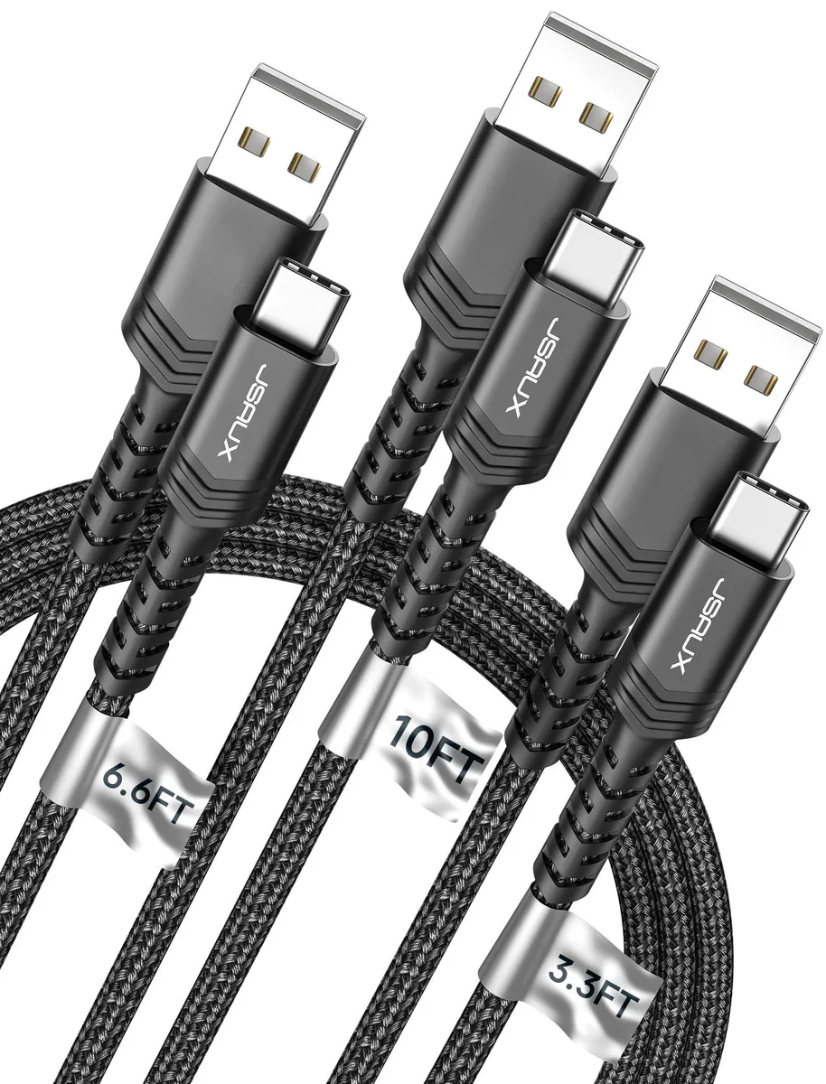 Three black braided USB-A to USB-C cables in lengths 3.3ft, 6.6ft and 10ft