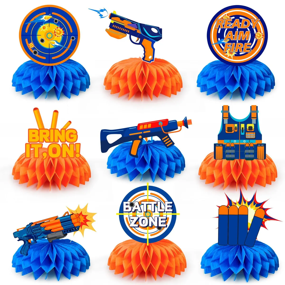Nine-piece dart-themed honeycomb table centerpieces in bright colours
