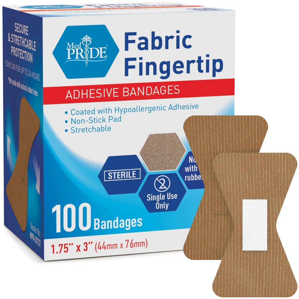  MED PRIDE Sterile Fingertip Fabric Bandages Hypoallergenic 1.75x3 in 100-Ct — product photo