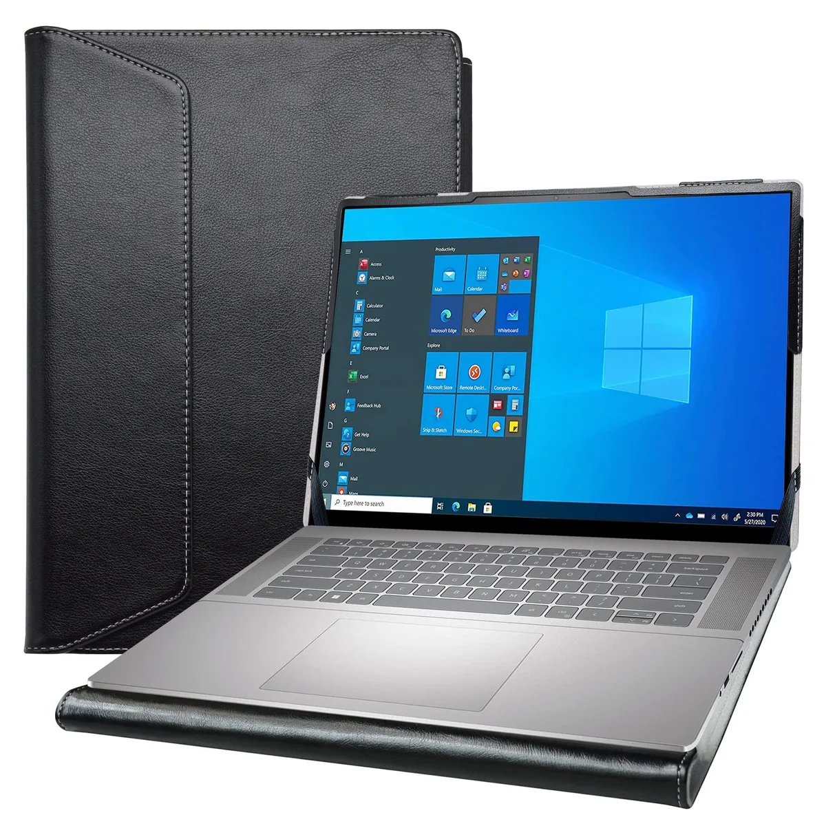 Black PU leather laptop sleeve with soft cashmere lining and two elastic securing bands