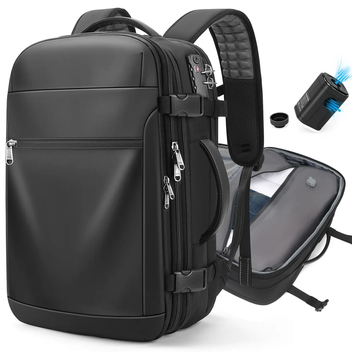 Black expandable vacuum compression backpack with integrated pump, 35L to 50L capacity, fits 17.3 inch laptop