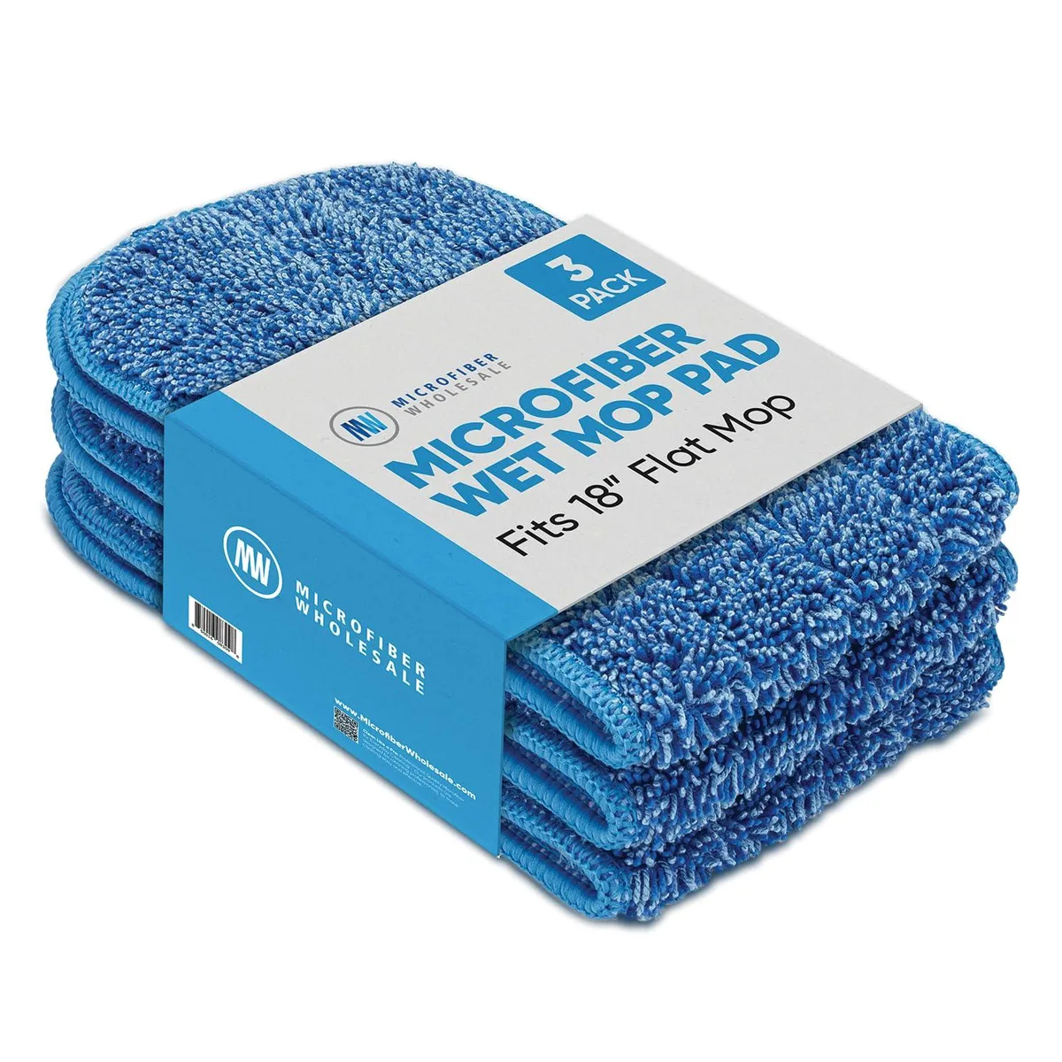 Three white 18-inch microfiber mop pads with hook-and-loop backing, folded in a rectangular box
