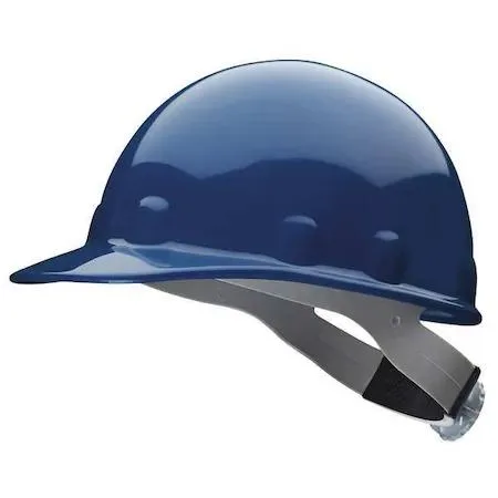Dark blue thermoplastic hard hat with front brim and eight point ratchet suspension