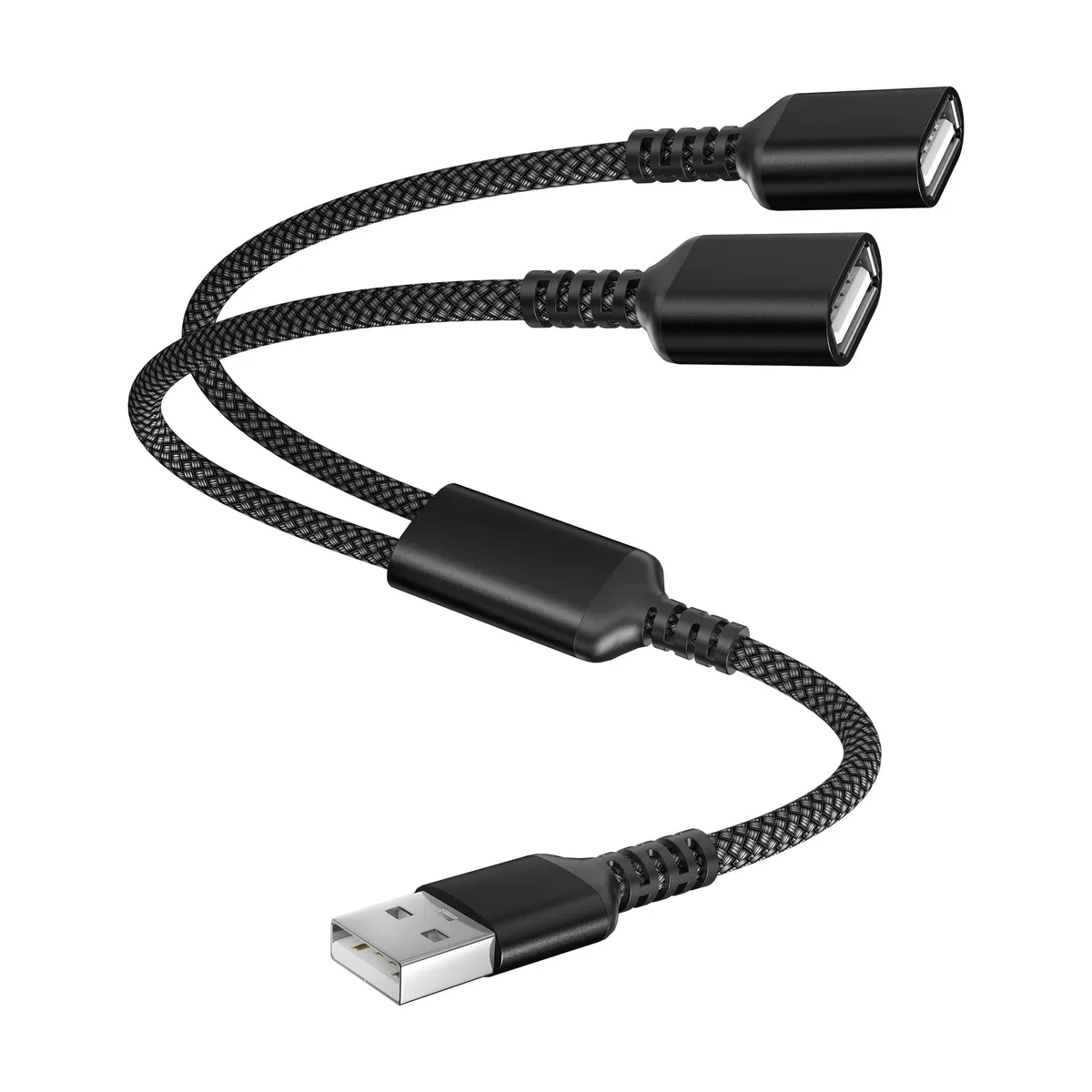 Black Y-shaped USB-A splitter cable with one male plug and two female ports, braided nylon sheathing and aluminium connector housings
