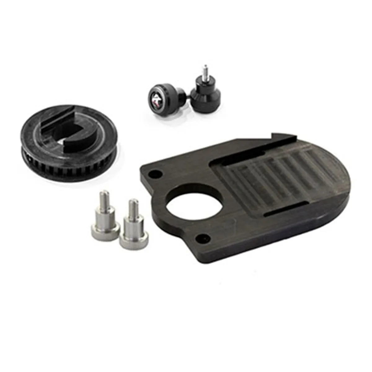 Metal motor mount with bolt holes, matte black finish, shown alone on white background
