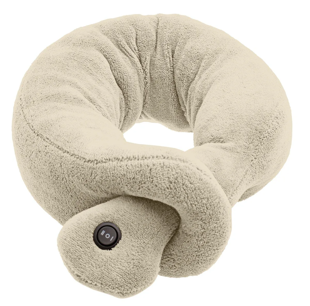 Blue vibrating neck massager, wrap-around pillow form, soft fabric finish, compact and lightweight