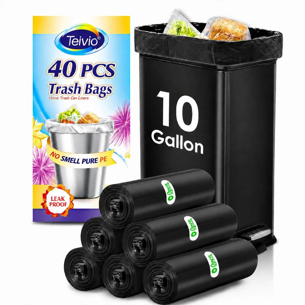 Black plastic 10-gallon trash bags in a 40-count roll pack